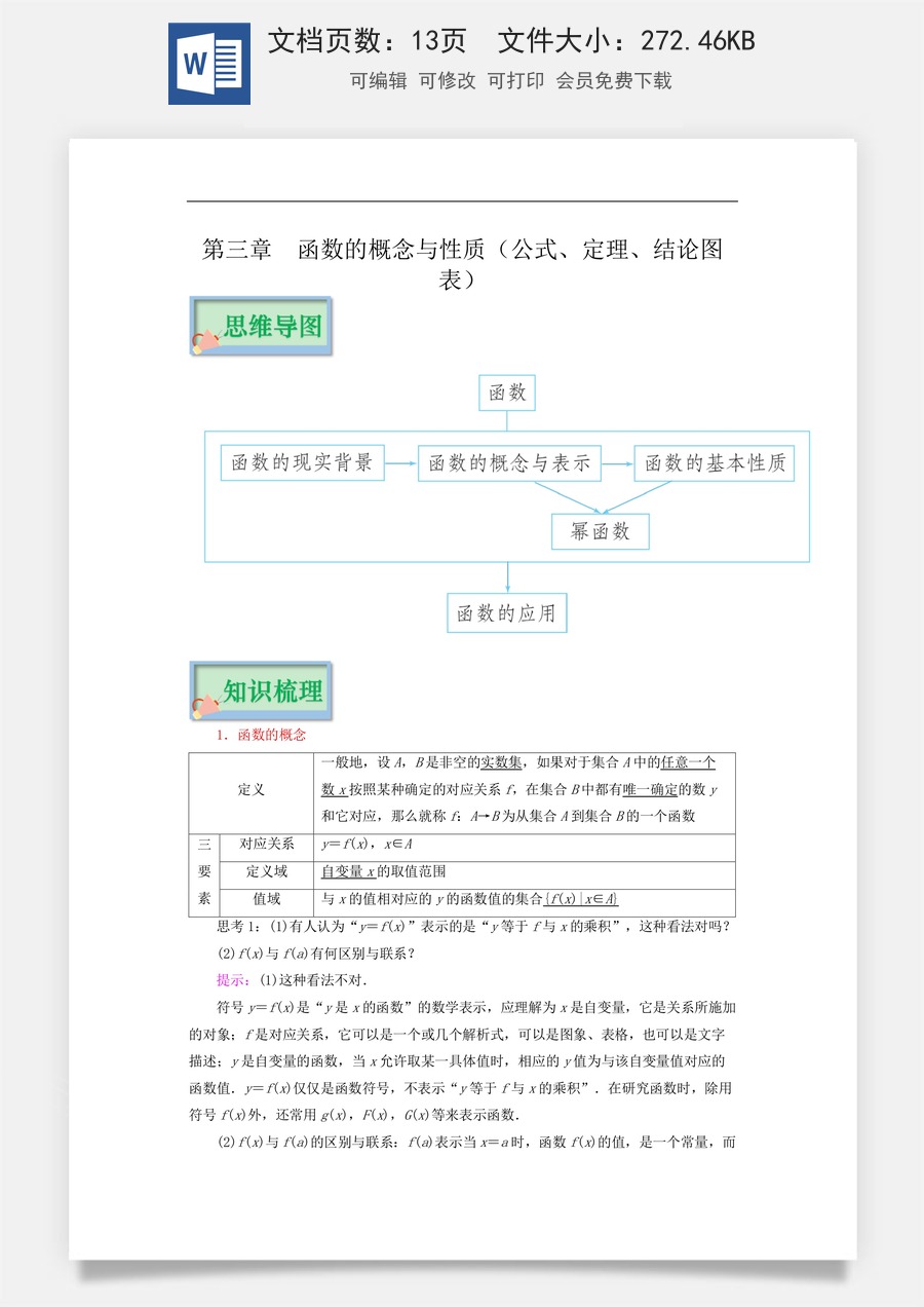 【必修】新高考-高中数学-第3章 函数的概念与性质（公式、定理、结论图表）-13页.docx